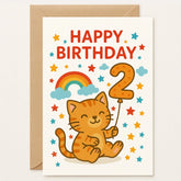 2nd Birthday Card – Cat & Rainbow - Greeting Card